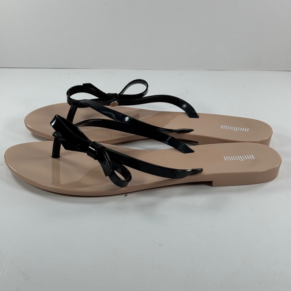 Melissa Harmonic Sweet Bow Thong Sandals Black Beige Vegan Jelly Flip Flops 10 - Picture 6 of 13